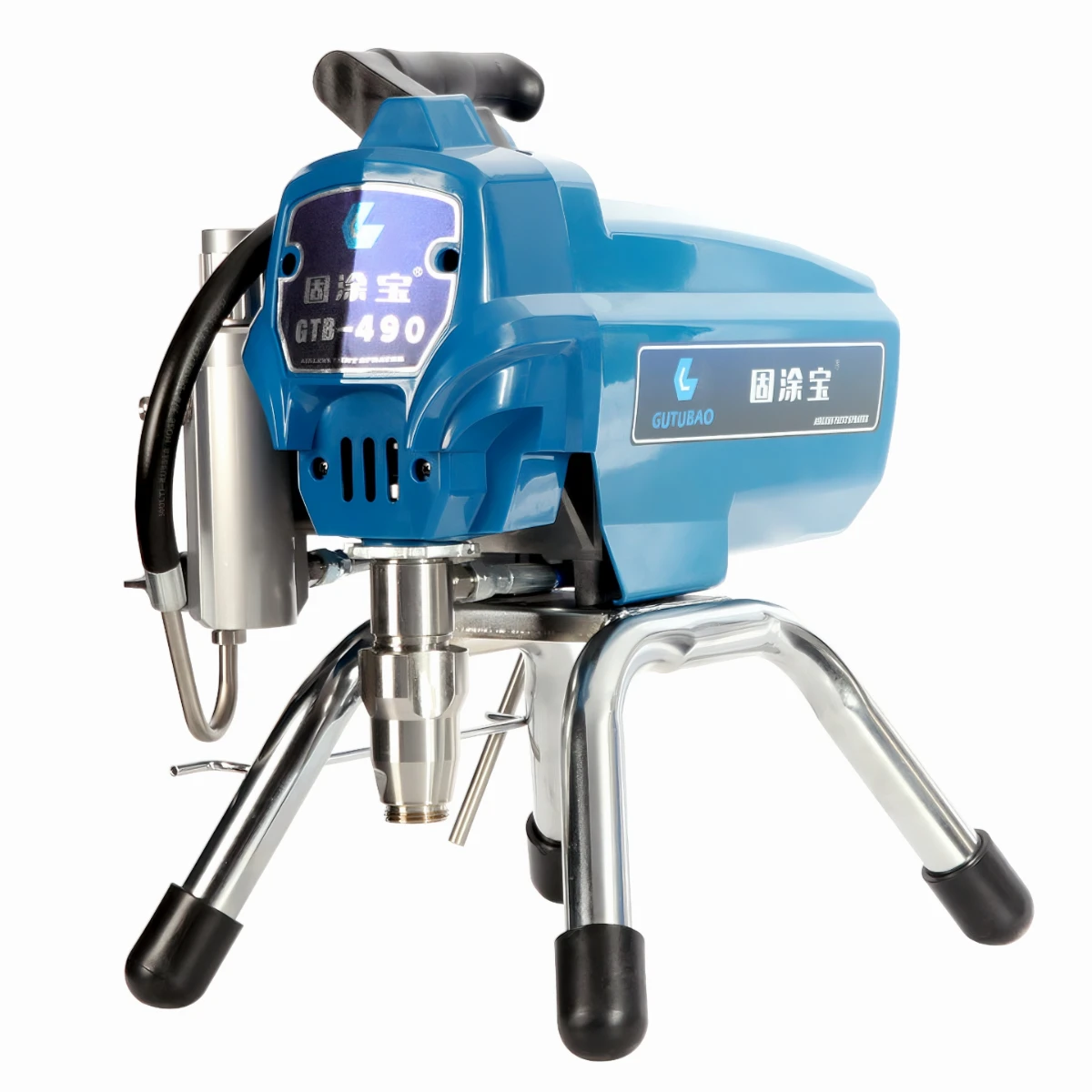 Right front 45 degree view of Residential Airless Paint Sprayer GTB-490 featuring 3000 PSI max pressure control for interior wall painting.