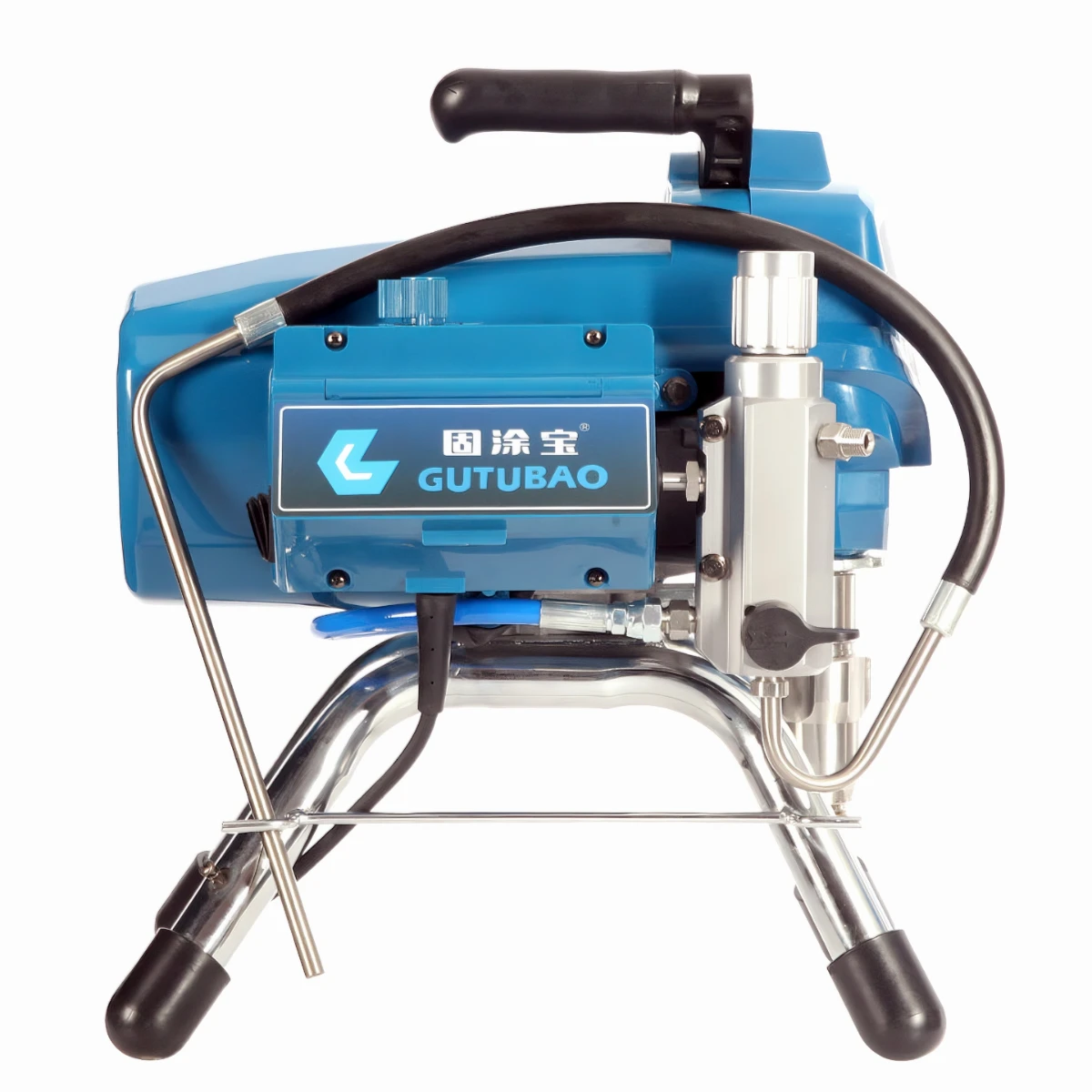 Left side view with Logo of Residential Airless Paint Sprayer GTB-490 manufactured by GuTuBao factory using precision Brother and Haas CNC machining.