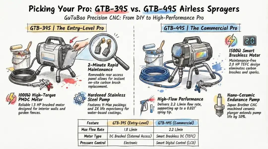 A detailed hand-drawn infographic comparison of GTB-395 entry-level brushed and GTB-495 commercial-grade brushless airless paint sprayers, with a disclaimer about component location variation.