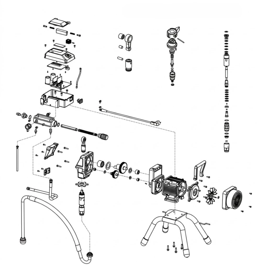 Exploded view diagram of GuTuBao Pro Brushless Series electric airless paint sprayer. Detailed internal engineering breakdown including TEFC brushless motor, smart pressure control, hardened piston rod, and V-Max packings.