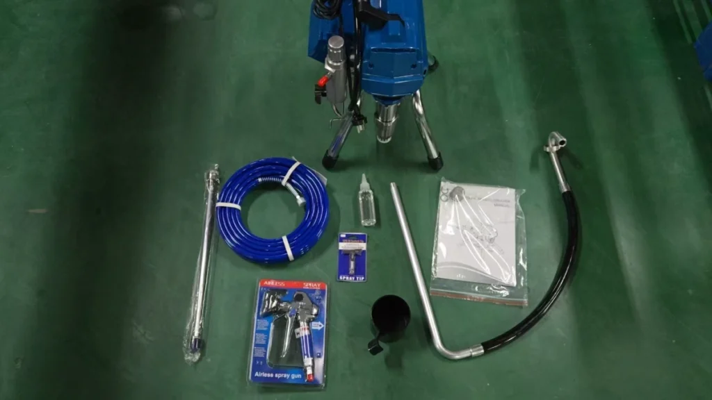 GuTuBao standard accessories kit for Airless Paint Sprayers, including industrial airless spray gun, 517 switch tip, 13m high-pressure hose, and TSL pump lubricant for immediate operation.