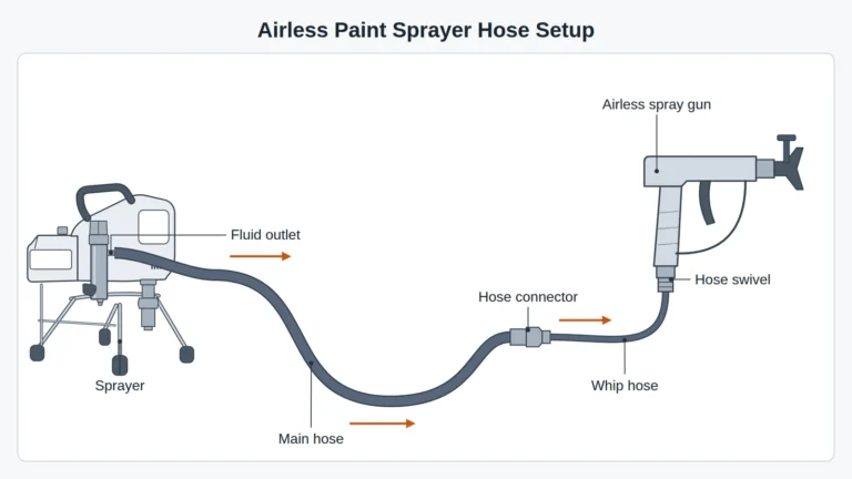 Airless paint sprayer hose setup diagram: the main hose runs from the sprayer fluid outlet to a hose connector, and a thinner whip hose continues to the hose swivel at the base of the airless spray gun handle.