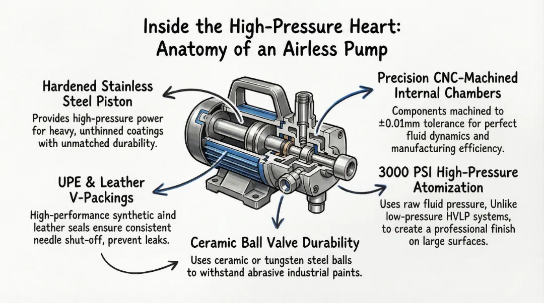 Industrial pump block cross-section, showing the high-pressure power advantage when evaluating an airless paint sprayer vs hvlp.