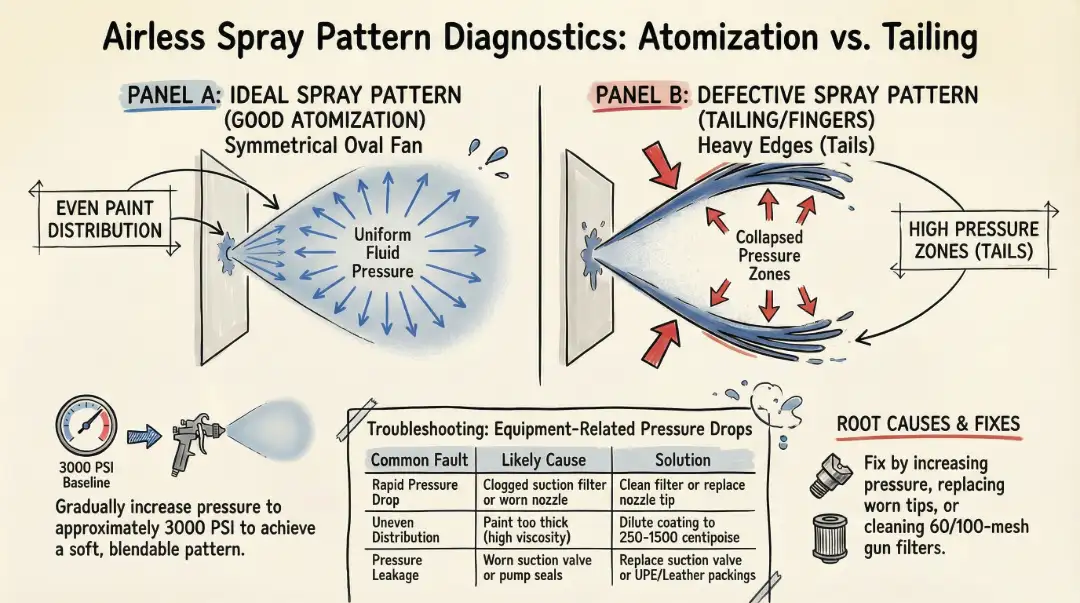 Technical diagram comparing a perfect atomized airless spray pattern versus a defective pattern showing airless paint sprayer tails.