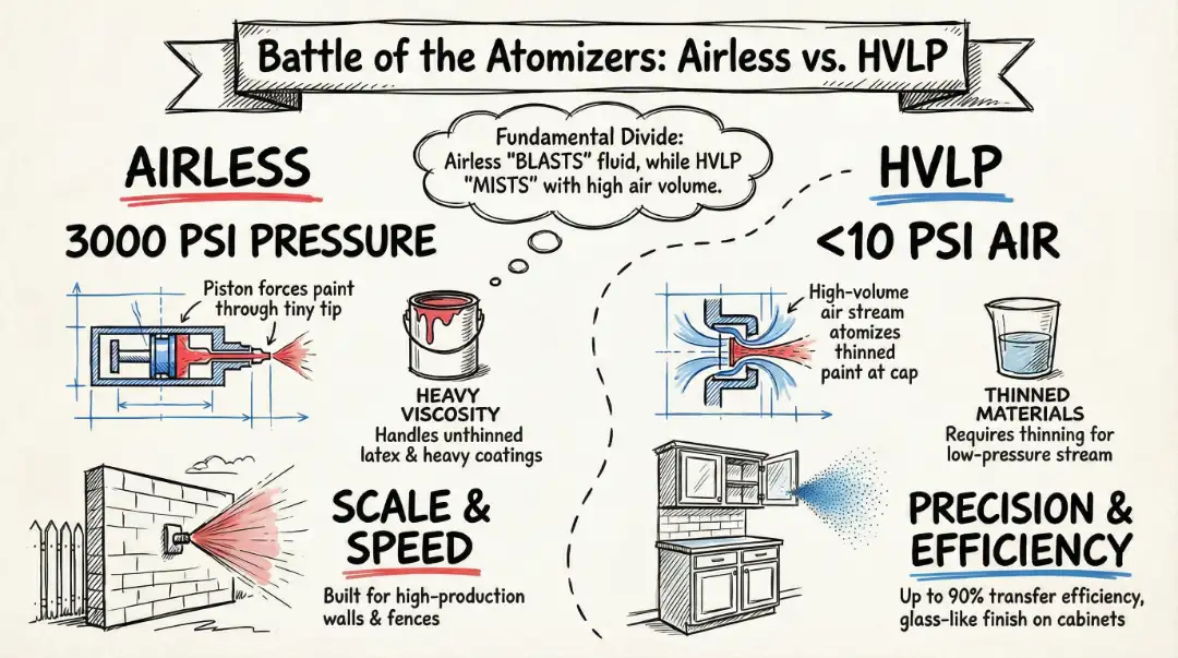 Blueprint diagram comparing the atomization mechanisms of an airless paint sprayer vs hvlp spray gun.