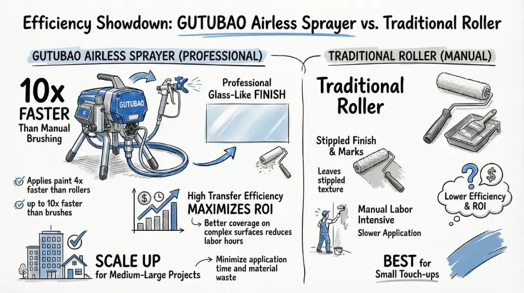 Data chart explaining does an airless sprayer use more paint than a roller.