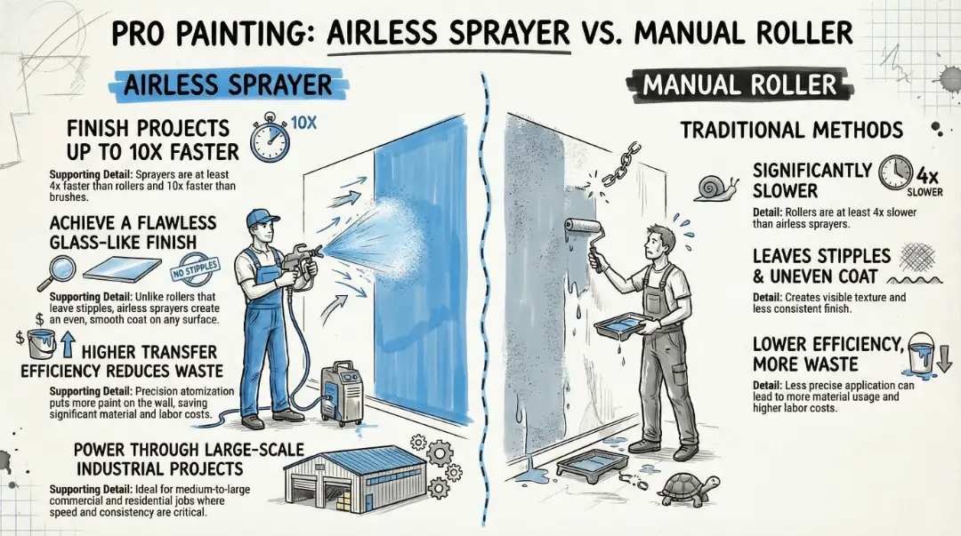 A side-by-side airless sprayer vs roller comparison showing how much faster spraying is for interior walls.