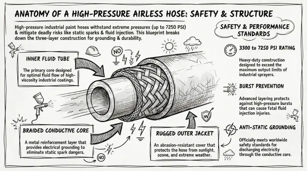 Detailed engineering blueprint diagram showing the multi-layer construction of a high pressure paint hose, including the braided conductive core for anti-static grounding.
