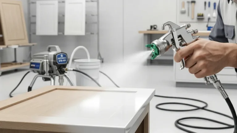 Professional contractor using the best airless sprayer for cabinets (GuTuBao GTB-495) with an FFLP tip, demonstrating a dramatic half-sprayed flawless white enamel finish on a Shaker door.