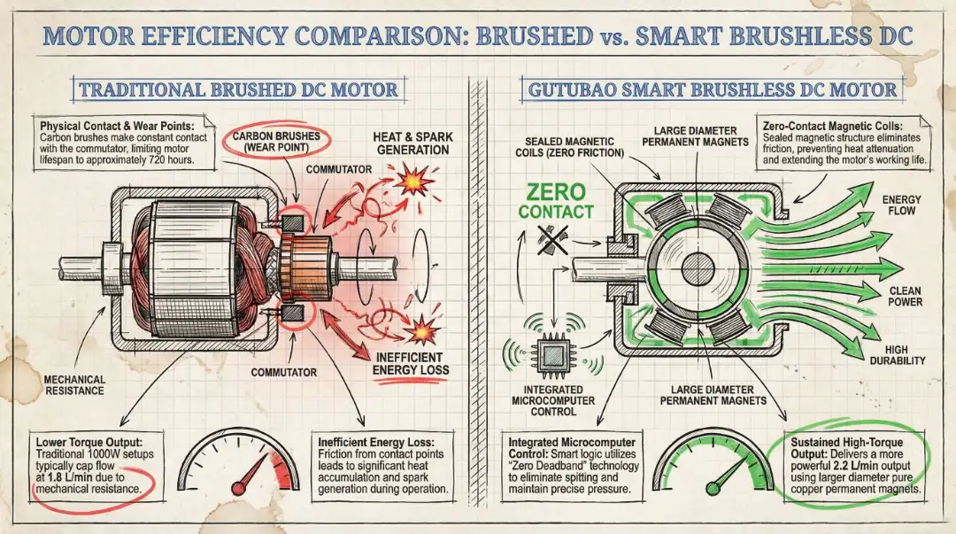 Engineering blueprint comparing a traditional brushed motor with carbon brushes against a GUTUBAO smart brushless DC motor for airless paint sprayers.