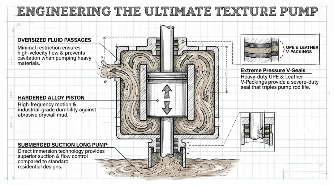 A hand-drawn technical blueprint explaining the internal mechanical principles of a hydraulic direct-immersion pump in a drywall texture machine, highlighting oversized fluid passages and V-packings.