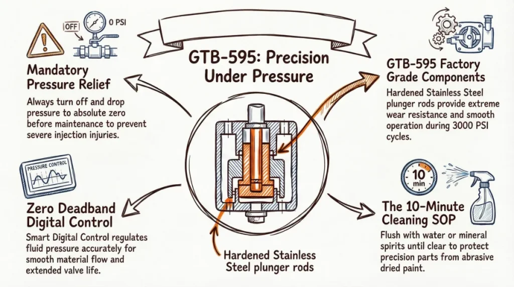 Internal cross-section diagram of GTB airless sprayer plunger pump showing precision stainless steel components