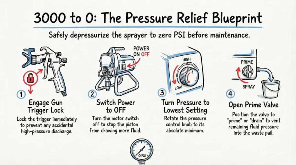 Step-by-step pressure relief procedure blueprint for GTB airless paint sprayer