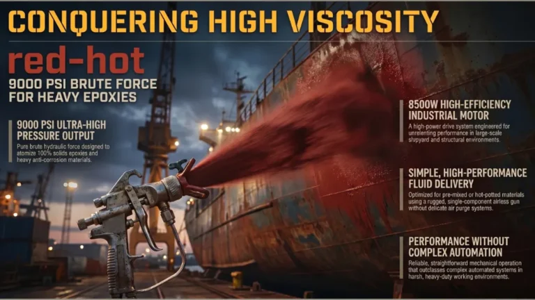 Realistic high-pressure industrial photograph showing GUTUBAO GTB-833 extreme-pressure single-component airless sprayer conquering high viscosity coatings with 9000 PSI force in a heavy-duty shipyard environment.