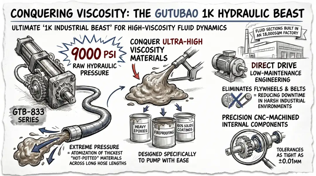 GUTUBAO GTB-833 heavy-duty 1K hydraulic airless sprayer infographic showing 9000 PSI power for hot-potted industrial coatings.