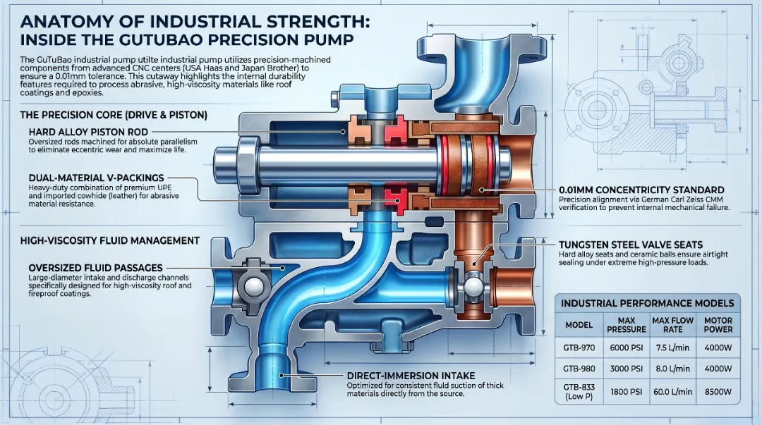 Detailed internal mechanical cross-section diagram of the GUTUBAO hydraulic direct-immersion pump, engineered specifically for high-viscosity roof coatings and 100% silicone materials.