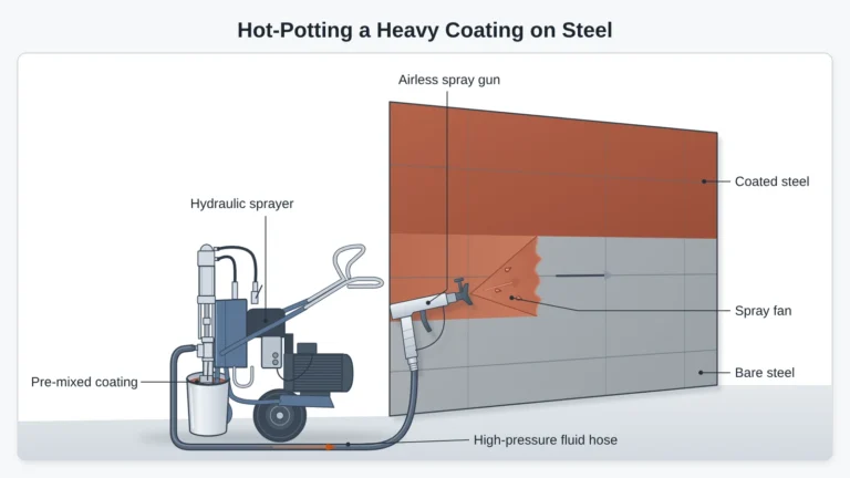 Hot-potting as an alternative to plural component spray equipment: a hydraulic sprayer pushes a pre-mixed coating through one hose to an airless spray gun on a steel surface.