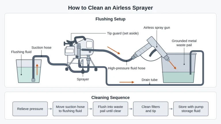 How to clean airless sprayer lines: the suction hose sits in flushing fluid while the airless spray gun, tip guard removed, and the drain tube both empty into a grounded metal waste pail, with the cleaning steps below.