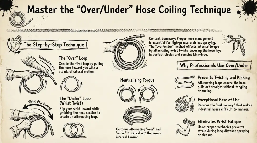 Step-by-step instructional diagram showing the over-under coiling technique for airless paint sprayer hoses to prevent kinks and wrist fatigue.