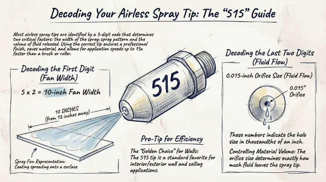 Hand-drawn infographic explaining the airless spray tip 3-digit code rule using a 515 tip example