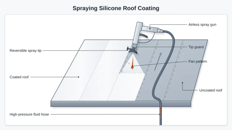 Diagram of how to spray 100 silicone roof coating on a flat roof, with the hose brought up over the roof edge to an airless spray gun.