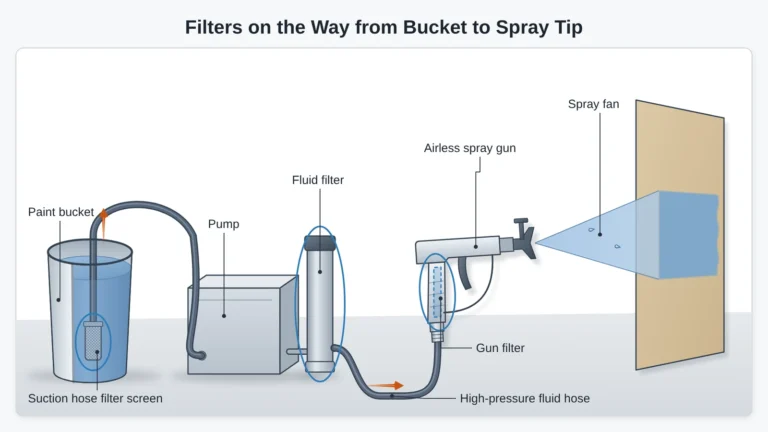 Diagram of where the filters sit on the paint path: a suction hose filter screen in the paint bucket, a fluid filter at the pump outlet and a paint gun filter inside the spray gun handle.