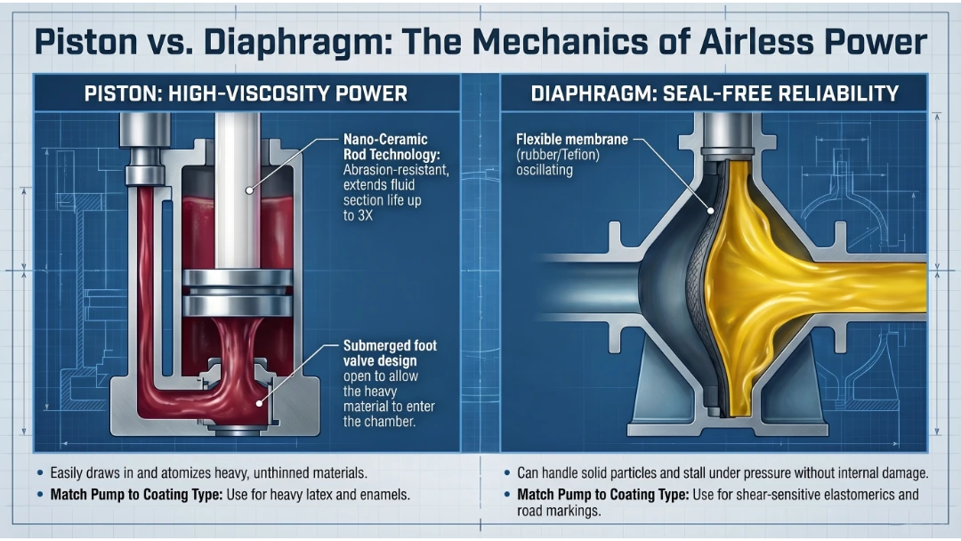 Detailed engineering diagram comparing piston pump vs diaphragm pump mechanics in industrial sprayers.