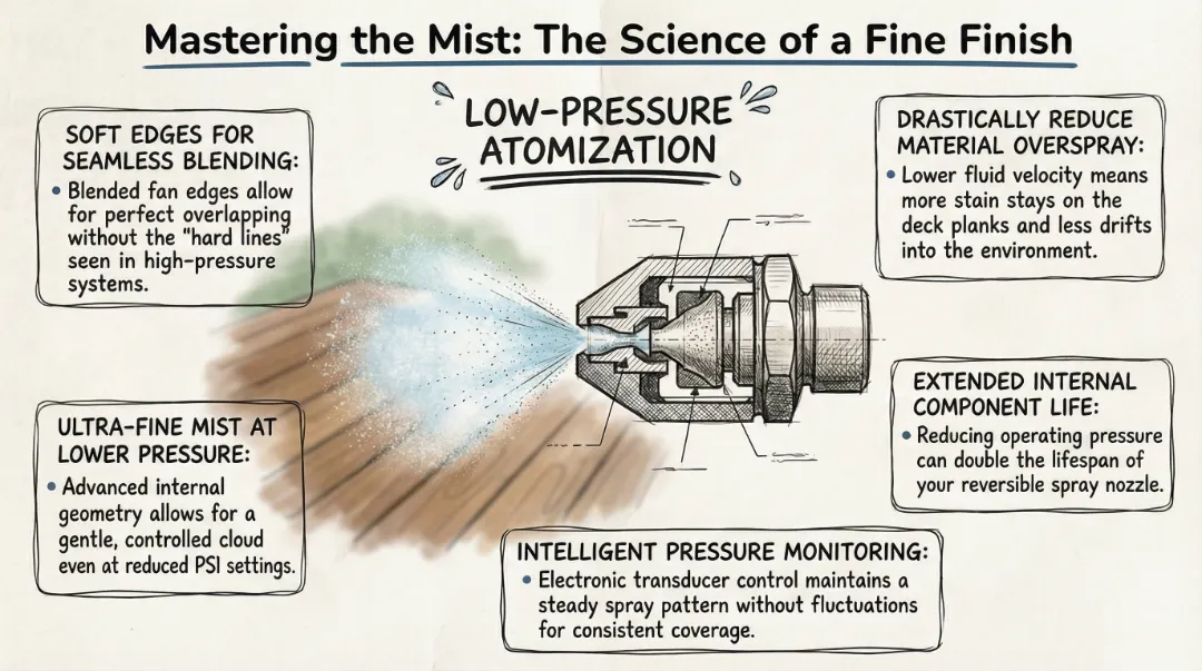 Close up of a fine-finish low-pressure spray nozzle atomizing sprayable decking stain with smart pressure control.