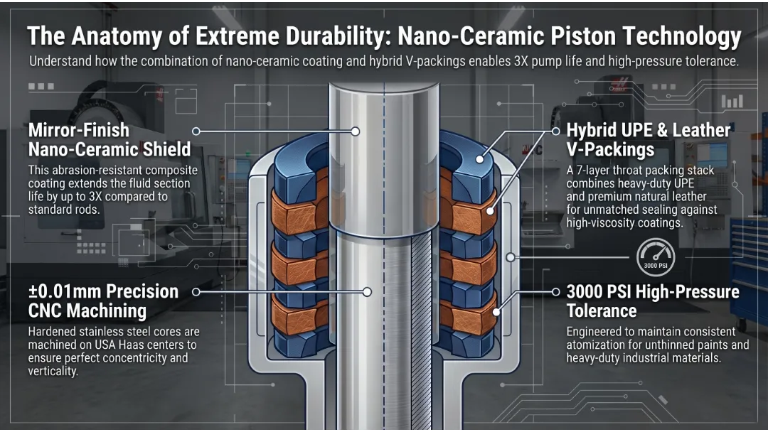 Cross-section engineering diagram explaining the anatomy of GUTUBAO's nano-ceramic sprayer piston pump with 7-layer UPE and leather V-packings.
