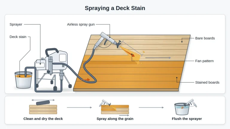 Spraying a deck stain with an airless sprayer: the gun travels along the grain, laying stain board by board, between cleaning the deck and flushing the sprayer.