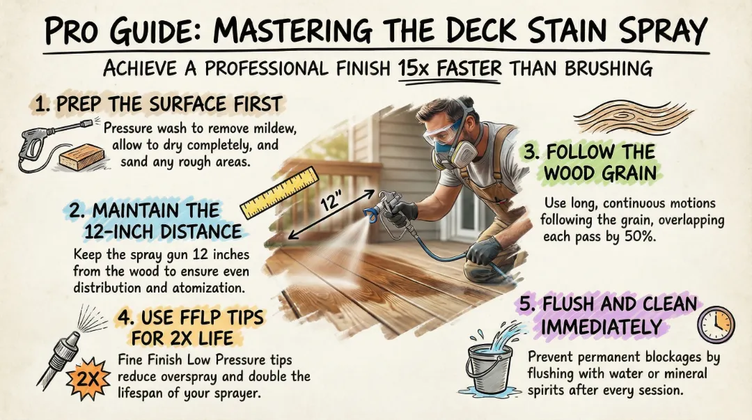 A professional contractor spraying a deck stain evenly using an airless paint sprayer.