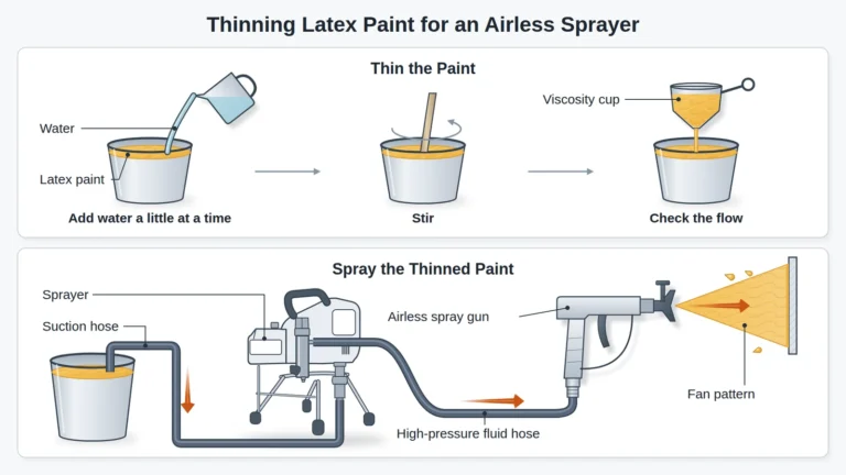 Thinning latex paint for airless sprayer use: add water a little at a time, stir, and check that it runs from a viscosity cup in a smooth, unbroken stream, then spray it through the sprayer and hose for an even fan pattern.