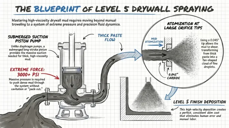 A technical blueprint diagram illustrating the high-viscosity drywall mud flow and atomization principle of a heavy-duty tools drywall finish sprayer.