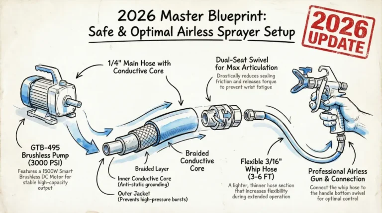 Detailed engineering blueprint of a complete airless paint sprayer hose setup, including the GTB-495 brushless pump, main conductive hose, dual-seat swivel, flexible whip hose, and spray gun [2026 Updated].