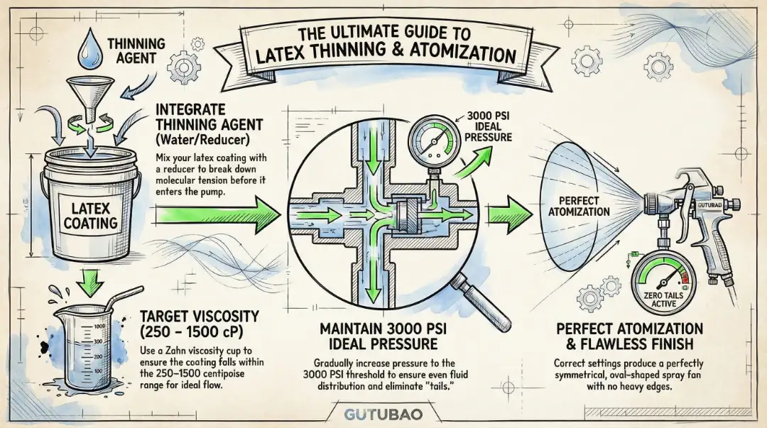 A technical masterclass blueprint on **thinning latex paint for airless sprayer** with viscosity testing at 250-1500 cP.