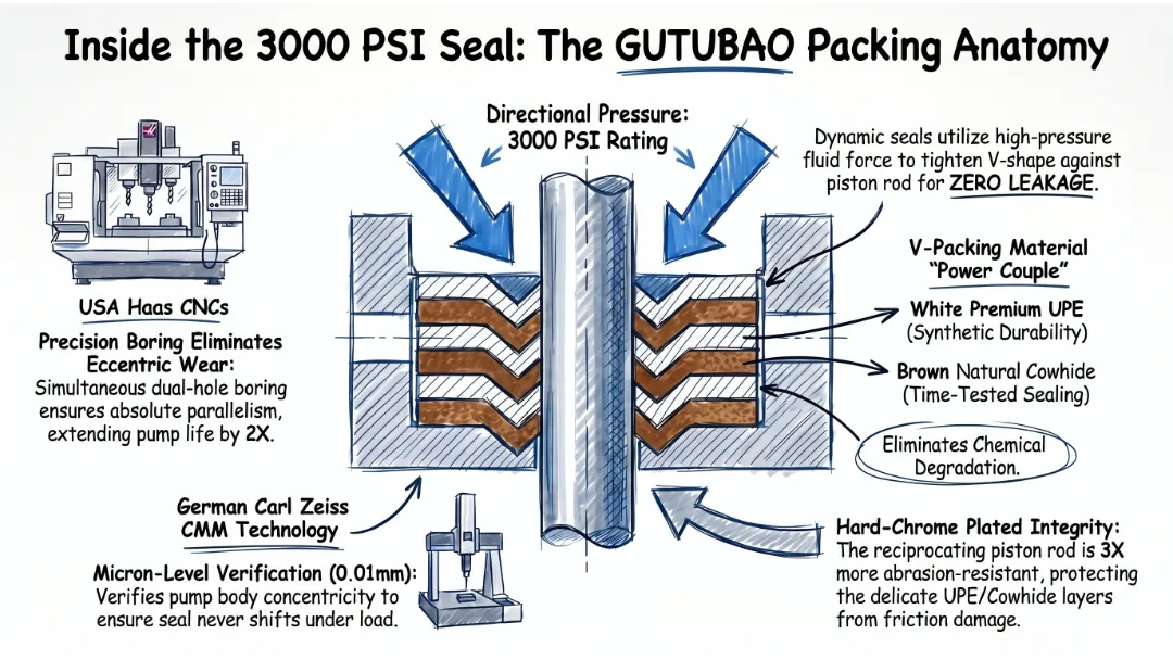 Detailed diagram of UPE and cowhide V-packings used in airless spray gun sealing systems.