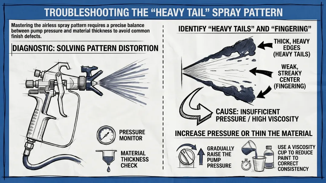 Hand-drawn technical schematic explaining airless spray pattern fingering and tails due to low pressure.