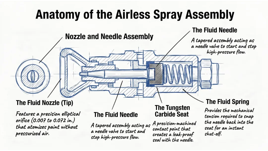 Technical blueprint anatomy diagram of an airless spray gun, showing the fluid needle, seat, spring, and nozzle for troubleshooting spray gun won't stop spraying issues.