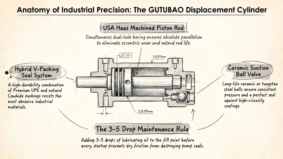 Technical blueprint of an airless sprayer fluid pump showing UPE V-packings and ceramic ball check valves for heavy-duty wear resistance.