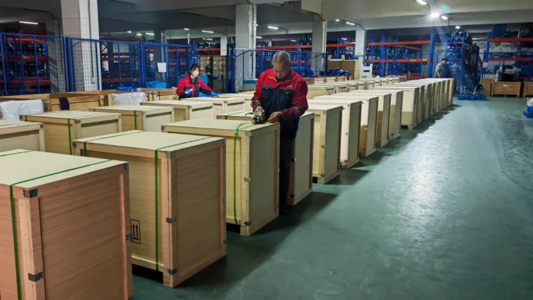 Workers packing the best professional airless paint sprayers into wooden crates at GUTUBAO OEM factory in China