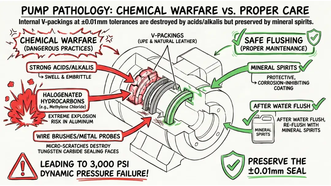 Technical chart illustrating chemical compatibility of paint gun cleaning solutions with UPE and V-packings at 3000 PSI