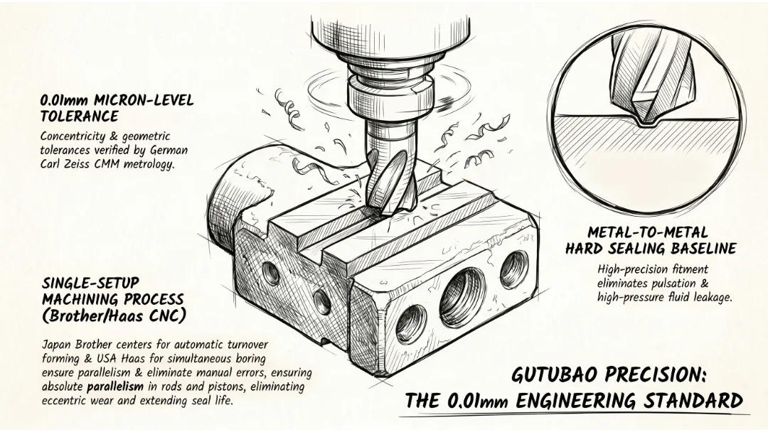 Advanced CNC machining process achieving 0.01mm tolerances for hard sealing metal components.