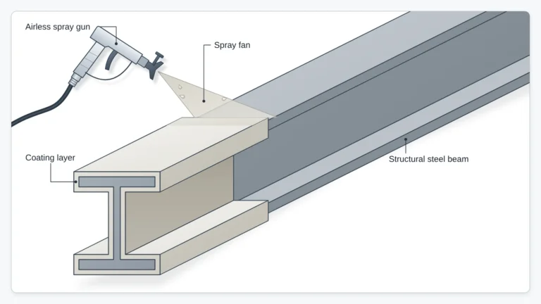 Illustration of an airless spray gun building up a coating layer on a structural steel beam, for a guide to sizing fireproofing spray equipment.