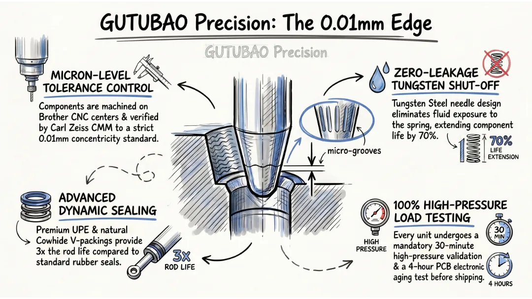 A detailed paint spray gun parts diagram showing a close-up of a tungsten steel fluid needle and hard alloy valve seat, emphasizing CNC precision.