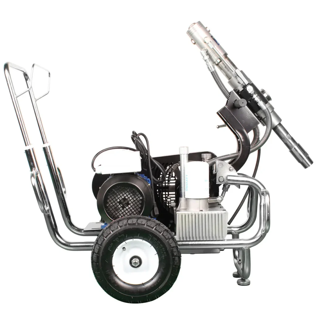 Left-side view of the convertible GTB-970 Heavy-Duty hydraulic sprayer, an industrial-grade 15.0 L/min Elastomeric Coating Sprayer, showing the electric motor configuration for noise-sensitive jobs.