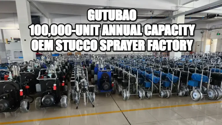 GUTUBAO industrial factory with thousands of airless stucco sprayer machines displaying a bold white '100,000-UNIT ANNUAL CAPACITY OEM STUCCO SPRAYER FACTORY' stamp for featured image.