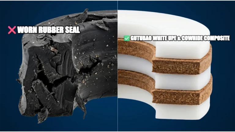 GUTUBAO high-density microscopic comparison info-graph: severely worn ordinary black rubber V-packing seal versus pristine, multi-layer natural cowhide leather and brilliant White UPE polymer composite seal, demonstrating the durable solution for a sprayer pump not working.