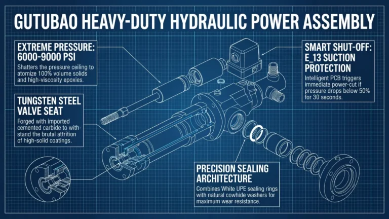 Industrial blueprint of heavy-duty fireproofing spray equipment featuring tungsten steel and smart PCB sensors