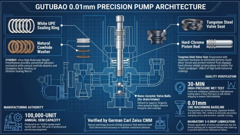 Industrial heavy-duty sprayer pump parts showcasing tungsten steel valves and precision CNC machining