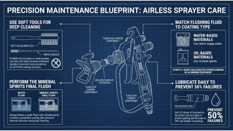 Blueprint of a disassembled high-pressure paint spray gun with cleaning kit tools highlighting ±0.01mm tolerance zones